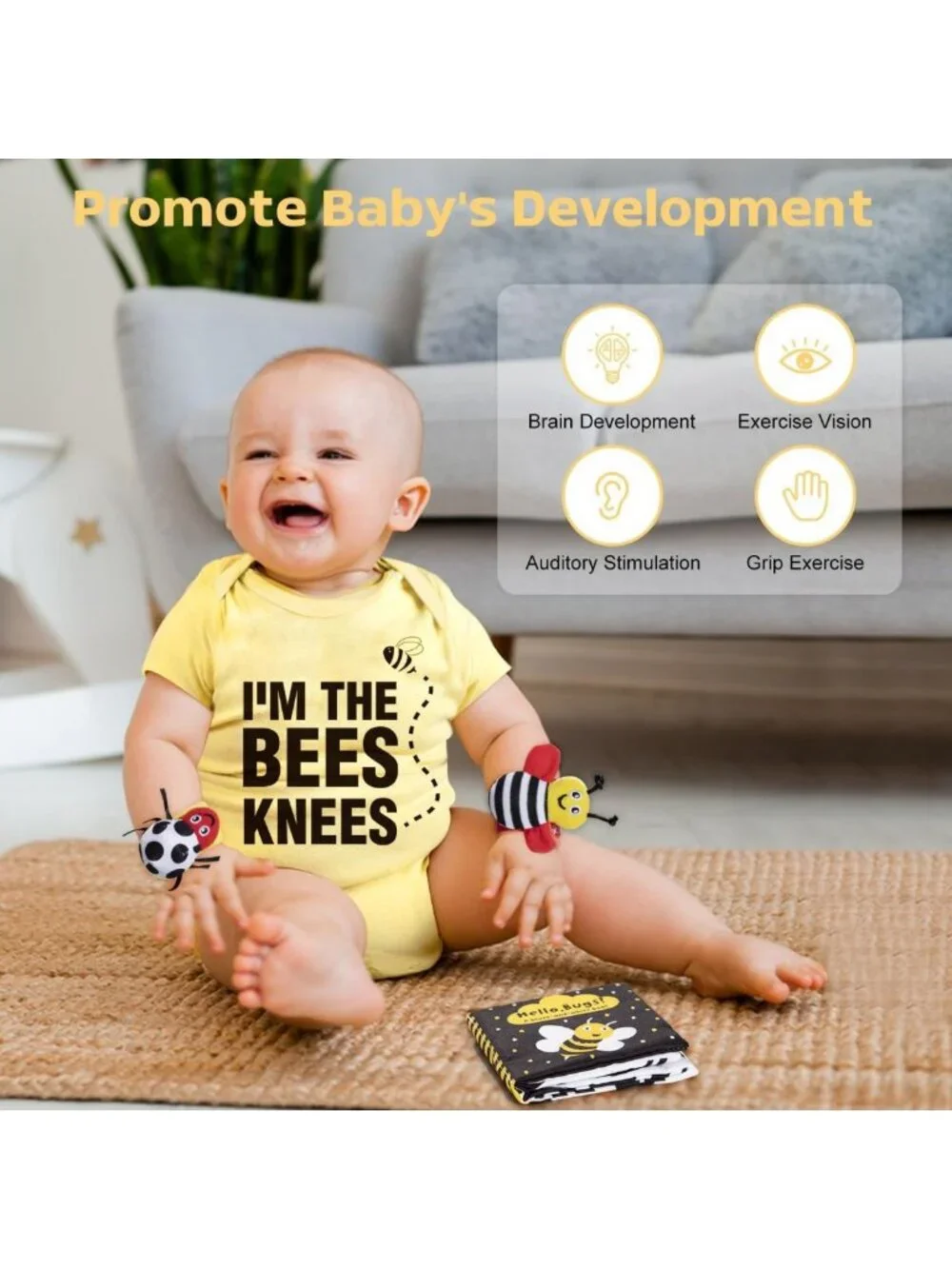 Newborn Baby Gift Set - Bee Shower Basket, Rattle, Blanket, Socks & Onesie